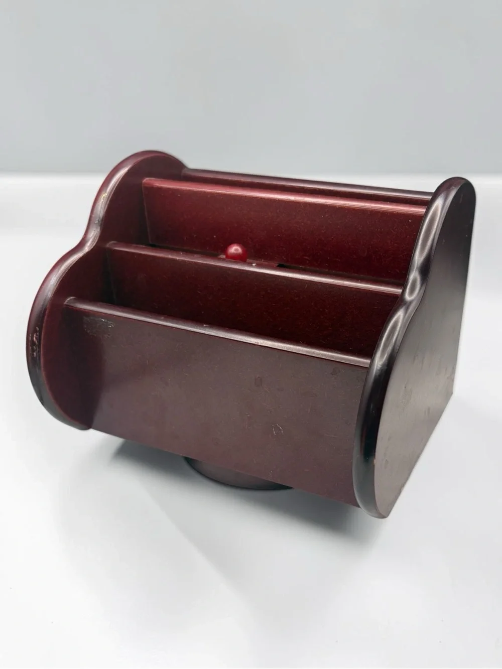 Vintage Cherry Colored Wood Rotating Desk Organizer Napkin Letter Holder 7x6.5”